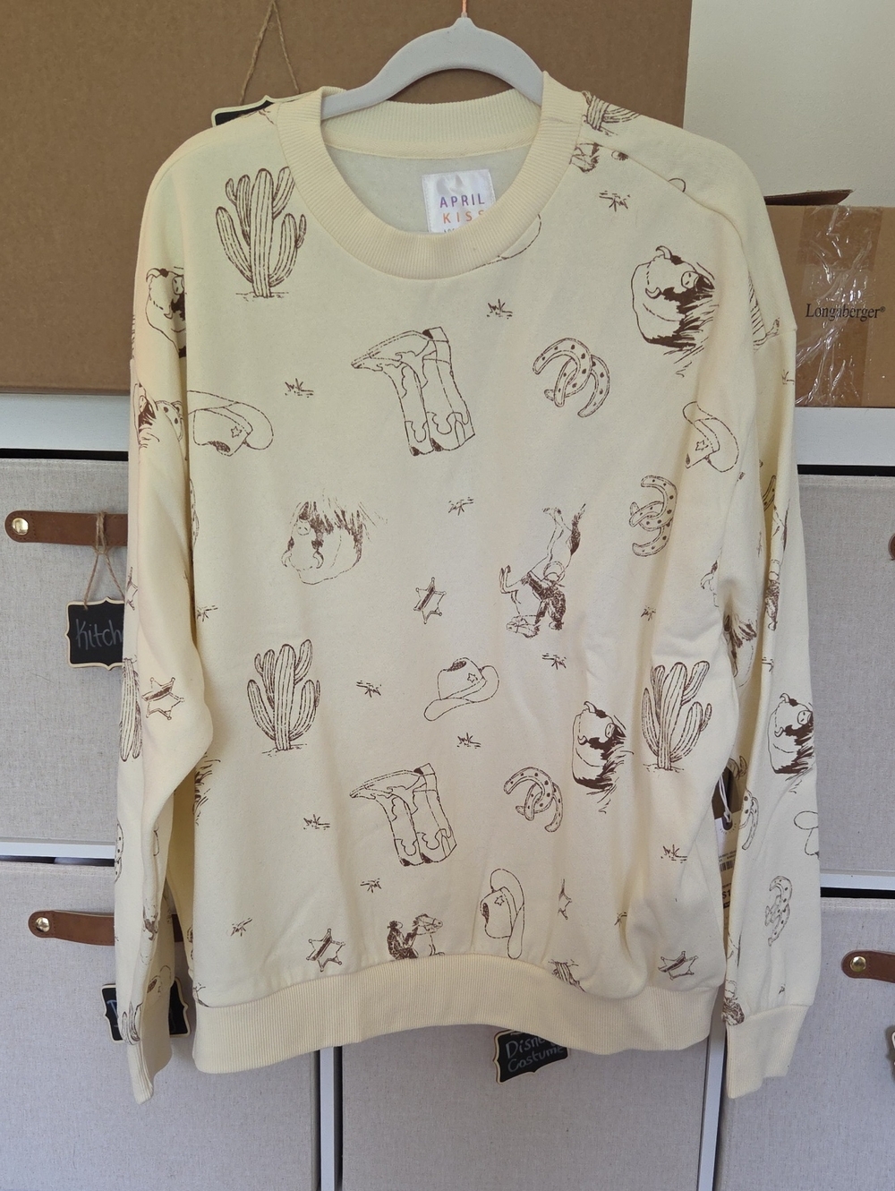 April Kiss Cream Western-Print Crewneck Sweatshirt